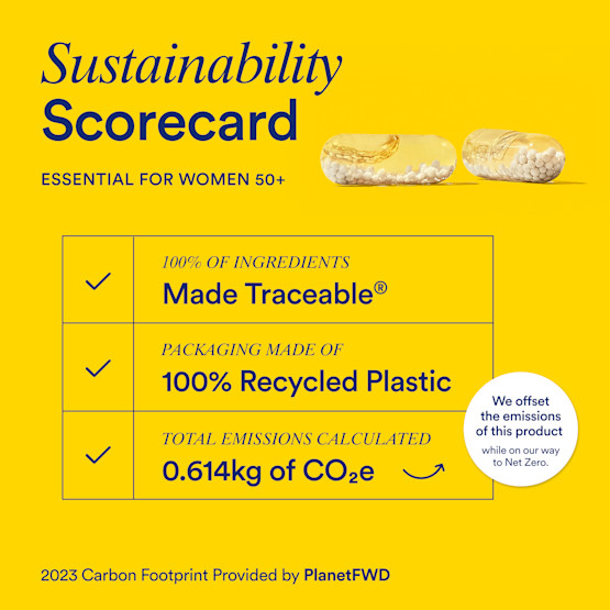 Sustainability scorecard listing the ingredient traceability, packaging sustainability, and carbon footprint for Ritual Essential for Women 50+