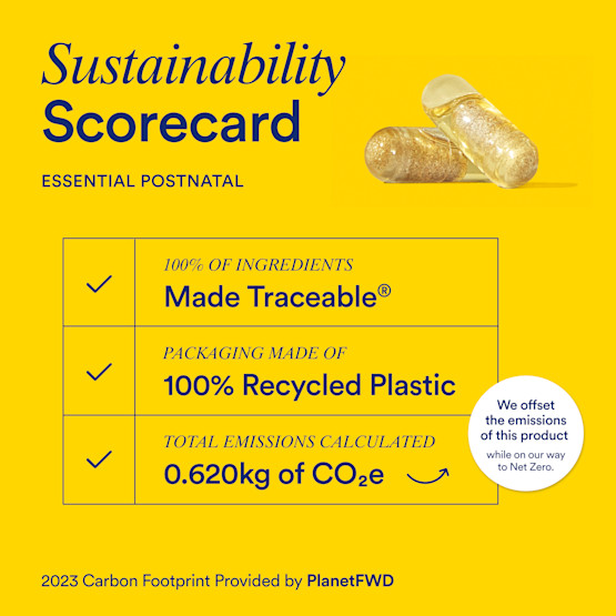 Sustainability scorecard listing the ingredient traceability, packaging sustainability, and carbon footprint for Ritual Essential Postnatal