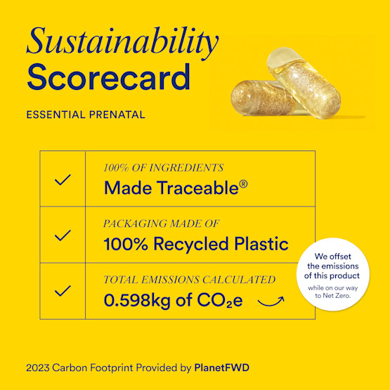 Sustainability scorecard listing the ingredient traceability, packaging sustainability, and carbon footprint for Ritual Essential Prenatal
