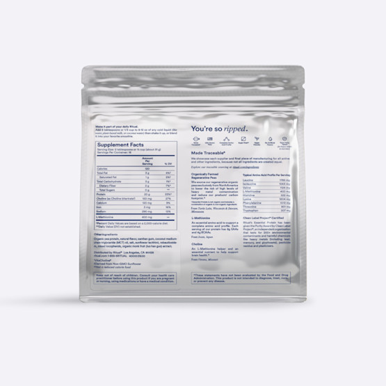 A photo of the back of the Essential Protein Daily Shake package.