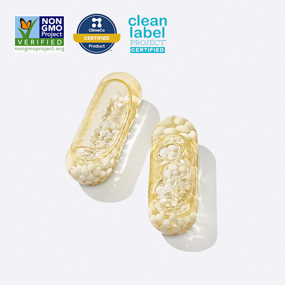 Clear capsules with Non GMO Verified, ClimeCo Certified, and Clean Label Project Certified Badges.