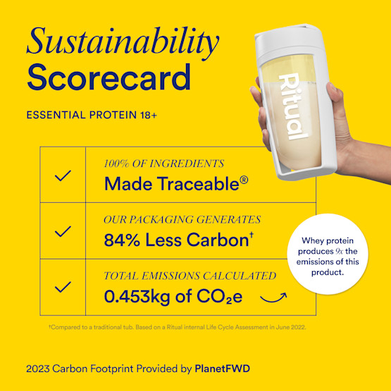 Sustainability scorecard listing the ingredient traceability, packaging sustainability, and carbon footprint for Ritual Essential Protein Daily Shake 18+